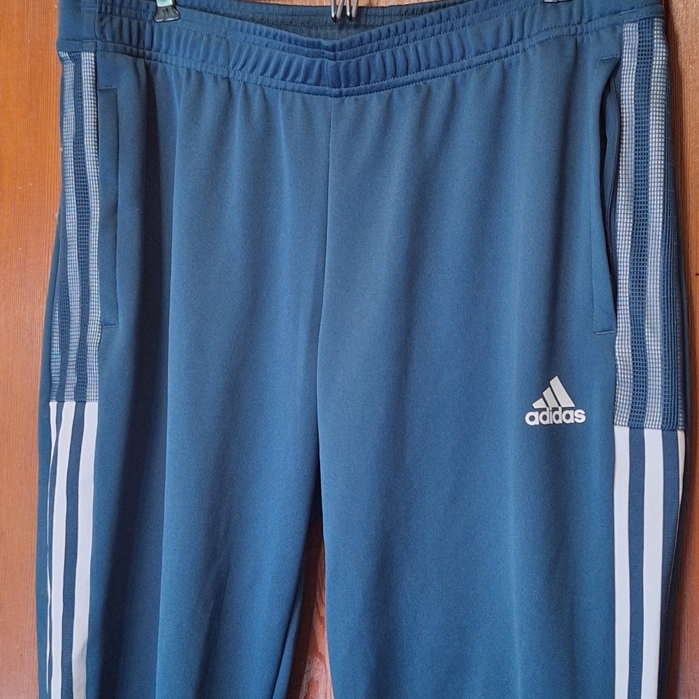 Adidas Women's Teal Joggers with White Stripes.